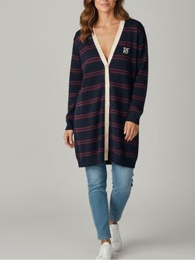 BROOKS BROTHERS Red Fleece blue red cream striped 100% merino wool cardigan MED